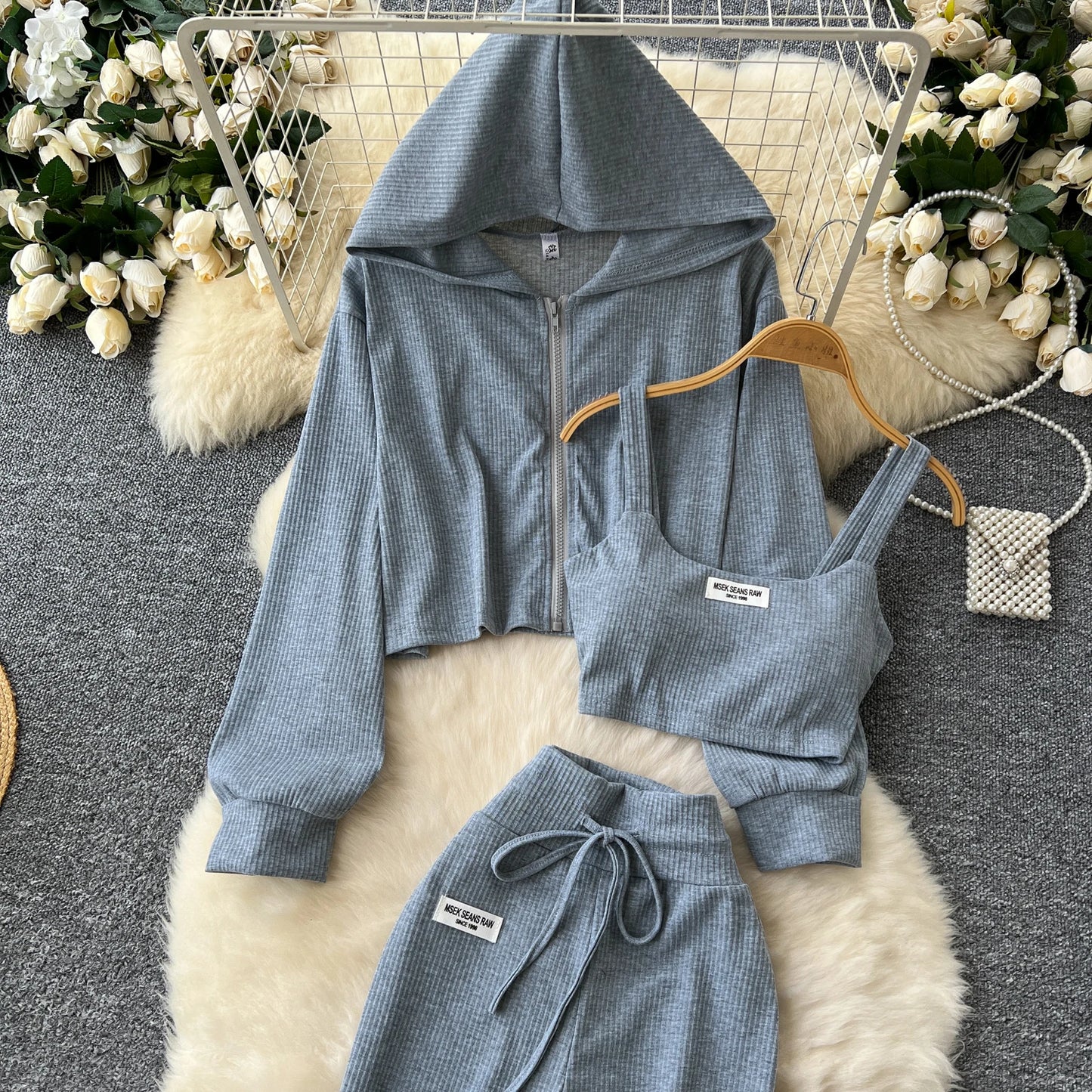 SINGREINY 2026 Autumn Sporty Suits Ladies Full Sleeves Hoodies+Sling Mini Camis+Drawstring Long Pants Casual Three Pieces Sets