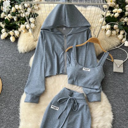 SINGREINY 2026 Autumn Sporty Suits Ladies Full Sleeves Hoodies+Sling Mini Camis+Drawstring Long Pants Casual Three Pieces Sets