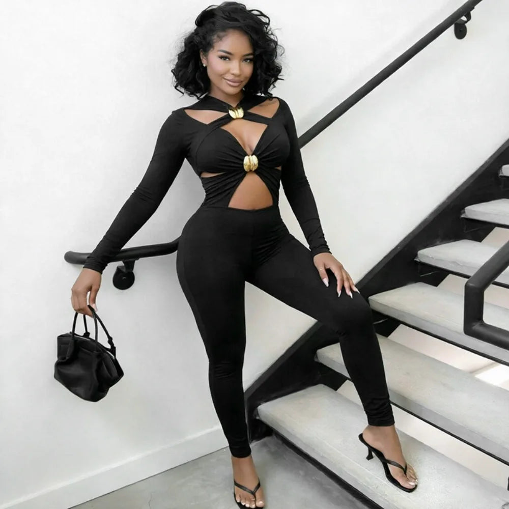 FLARORA Sexy Hollow Out Jumpsuits Woman Trend Metal Buckle Decoration Full Sleeve Skinny Peach Hip Party Club Street Overalls