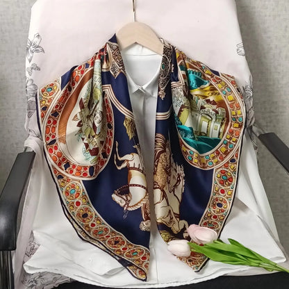 Luxury Retro Printed Silk Bandana Square Scarf, 90 * 90CM, Women's Fashionable Tie Headscarf, Casual Shawl, Belt