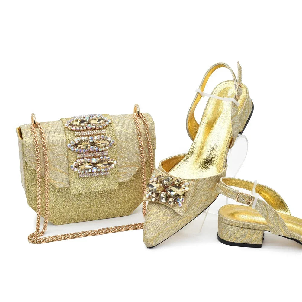 Latest Party Shoes and Bags To Match for Nigerian Elegant Luxury Low Heels Pointed Toe Rhinestone Shoe and Bag Set for Wedding