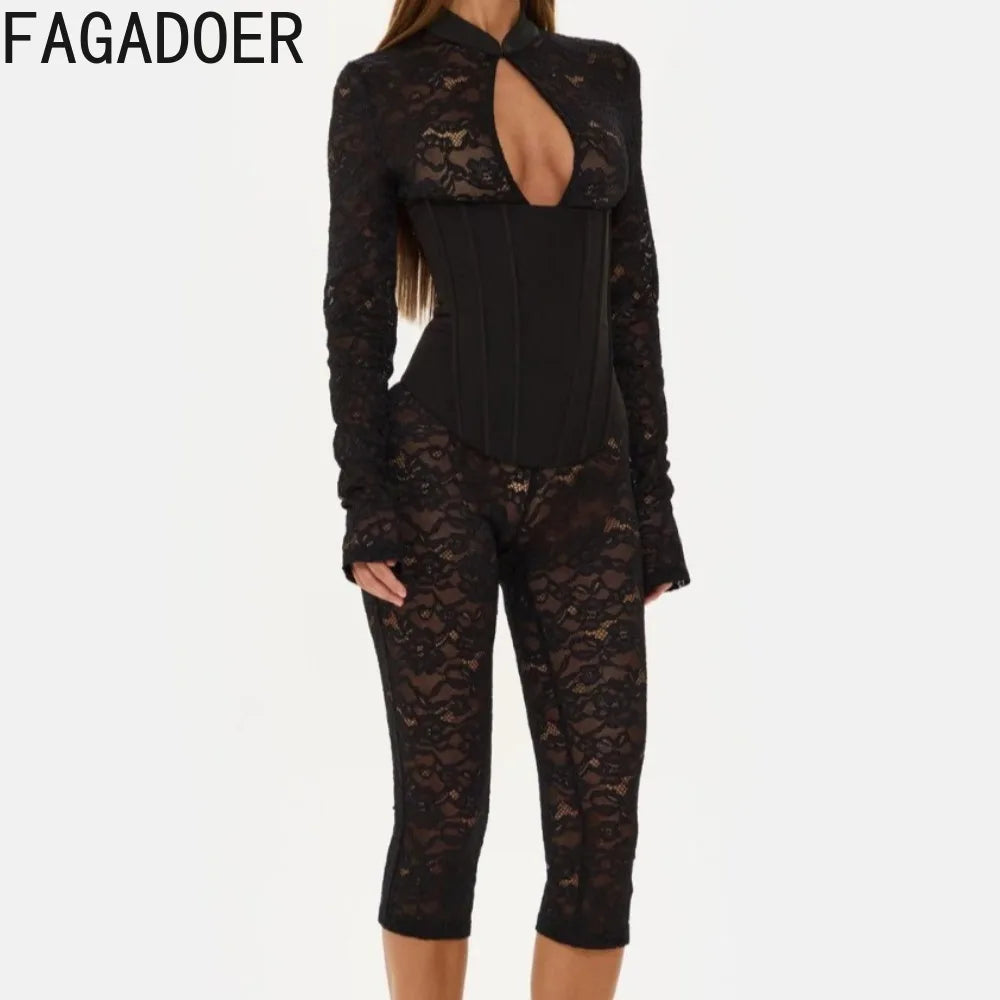 FAGADOER Sexy Lace See Through Corset Jumpsuit Women Hollowed-out Long Sleeve Bodycon Capri Pants Clubwear Night Party Outfit