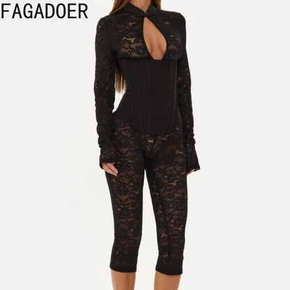 FAGADOER Sexy Lace See Through Corset Jumpsuit Women Hollowed-out Long Sleeve Bodycon Capri Pants Clubwear Night Party Outfit