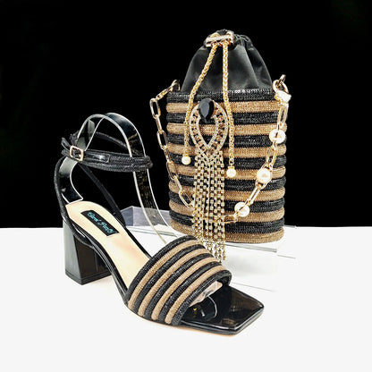 Stylish And Special Olive Bright Bag Match Women's Sandals Set With Big Diamond Tassels And Long And Short Double Chains