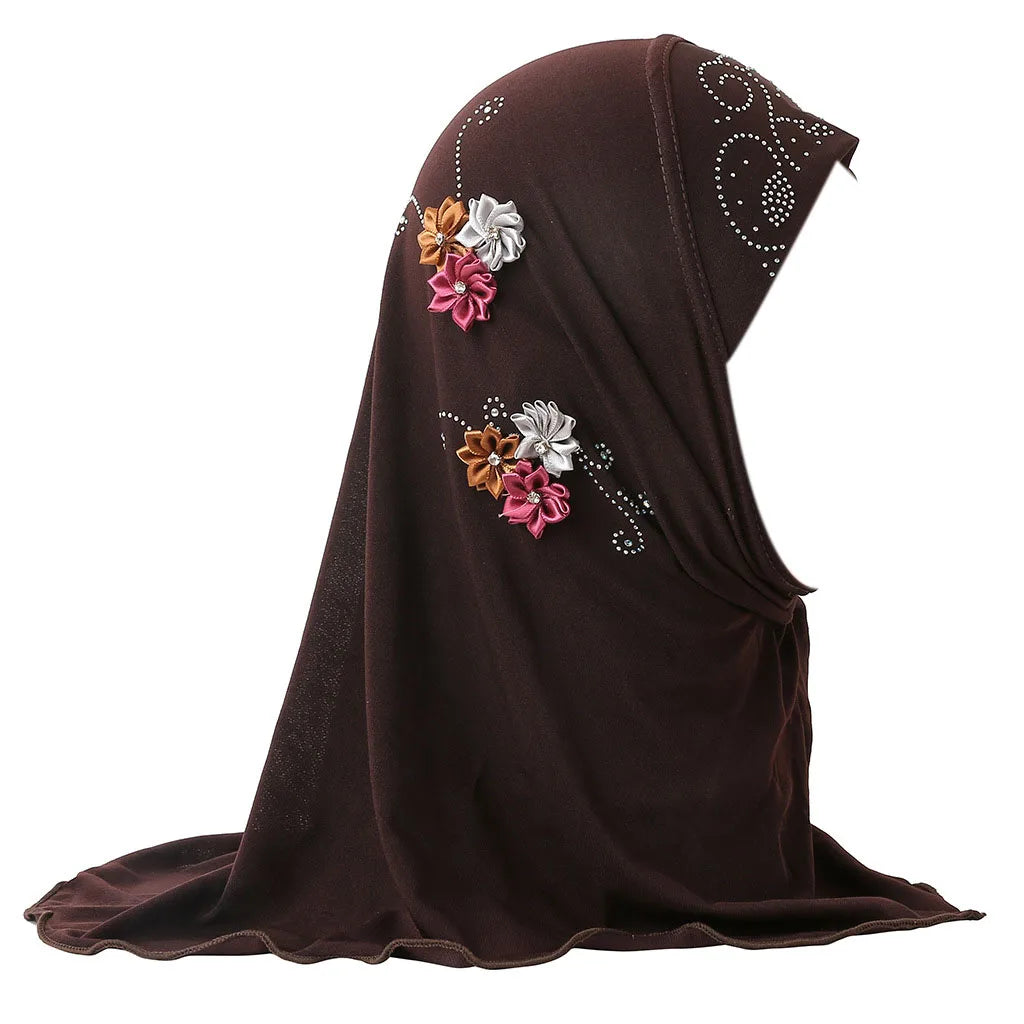 BOHOWAII Kids Girls Muslim Instant Hijab Ready To Wear Islamic Shawls Turban with Flowers Scarfs Jersey Head Wrap (2-7 Y)