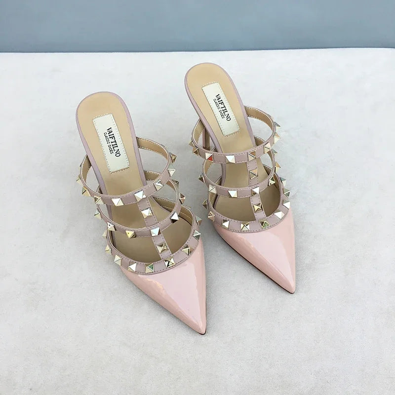 Women's sandals luxury Brand Shoes Woman 2025 trend Ankle Strap Summer Rivets High Heels Slippers Design Pointed Toe Sexy party