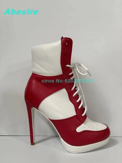 Mixed-Color Air Mesh Cross-Tied Ankle Boots Round Toe Thin Heels Platform Shoes for Women Casual Concise Daily Comfortable Shoes