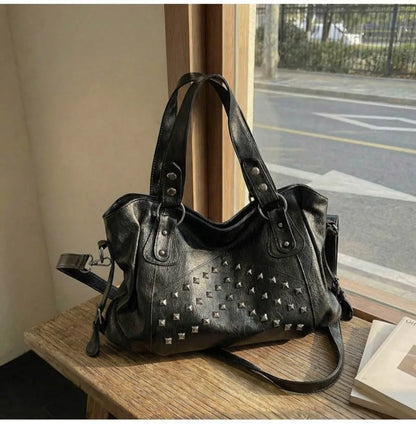 Rivet Punk Large Capacity Handbags Top Quality Sturdy Soft Leather Casual Tote Bag Shoulder Crossbody Bags Daily Commute Travel