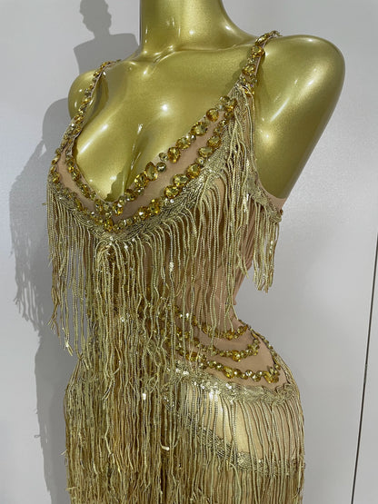 Sparkly Black Rhinestones Sequined Fringe Jumpsuit Women Sexy Nightclub Party Birthday Outfit Show Singer Stage Perform Costume