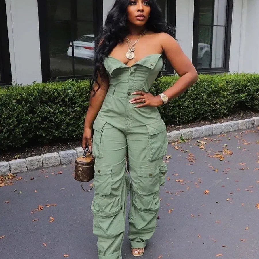 Jumpsuits Women Sexy One Piece Strapless Sleeveless Single Breasted Multiple Pockets High Waist Overalls Streetwear Trousers