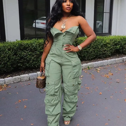 Jumpsuits Women Sexy One Piece Strapless Sleeveless Single Breasted Multiple Pockets High Waist Overalls Streetwear Trousers