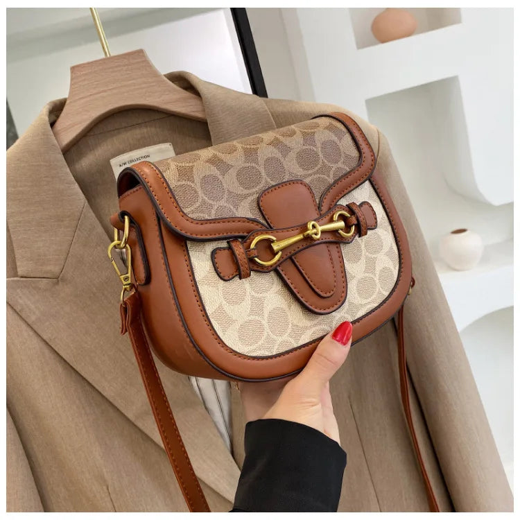 Women Retro Print Saddle Crossbody Bag Luxury Horse Bit Buckle Small Shoulder Bag Fashion PU Leather Ladies Daily Handbag