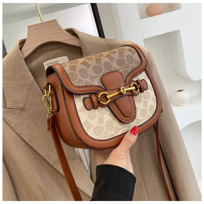 Women Retro Print Saddle Crossbody Bag Luxury Horse Bit Buckle Small Shoulder Bag Fashion PU Leather Ladies Daily Handbag