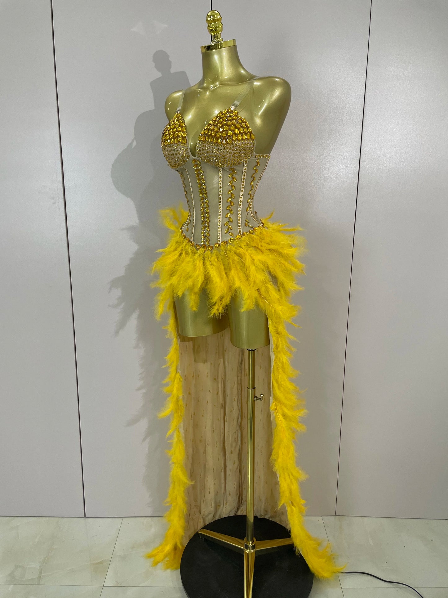 Sparkly Rhinestones Feathers Long Tail Bodysuits Sexy Mesh Transparent Stage Dress Evening Party Celebrate Luxury Birthday Dress