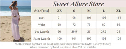 Women Pink Lace Mesh 2 Piece Outfit Straps Floral Cropped Cami High Waist Wide Leg Trousers Set Bohemian Seaside Holiday Suit