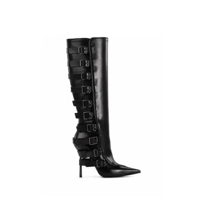 New Belt Buckle Stiletto High Heels Knee Length Boots Autumn/Winter Women's Fashion Pointed Party 34-46 Large Medium Boots