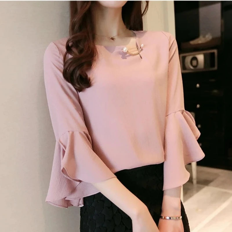 Seven-point Female Ruffled Sleeved Loose Shirt Chiffon Blouses