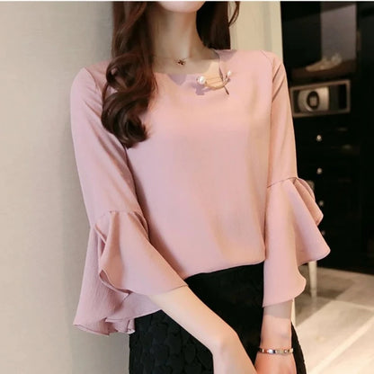 Seven-point Female Ruffled Sleeved Loose Shirt Chiffon Blouses