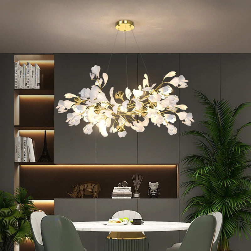 Modern Ceramics Chandeliers Home Ginkgo Biloba Decoration Villa Living Room Lighting Pendant Lamps Indoor Hanging Lights Fixture