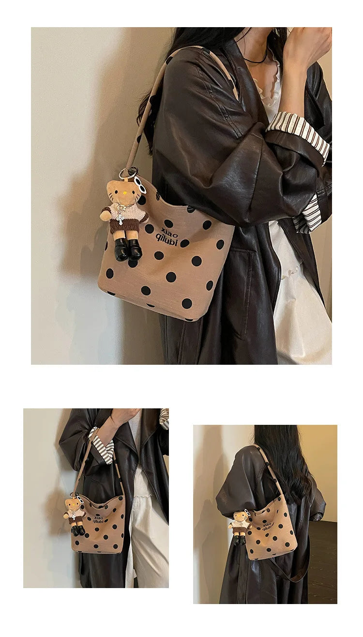 Korean Style Niche Linen Dot Shoulder Bag Women New Fashion Large Capacity Bucket Bag Casual Versatile Commuting Underarm Bag