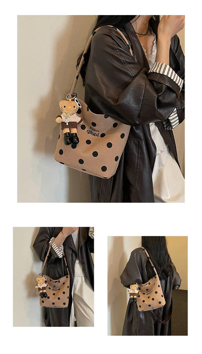 Korean Style Niche Linen Dot Shoulder Bag Women New Fashion Large Capacity Bucket Bag Casual Versatile Commuting Underarm Bag