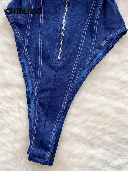 CHILLGIO Women Denim Overalls Fashion Slim Bodysuits One Piece Combination Onesie Zipper Strappy Rompers Summer Sexy Catsuits