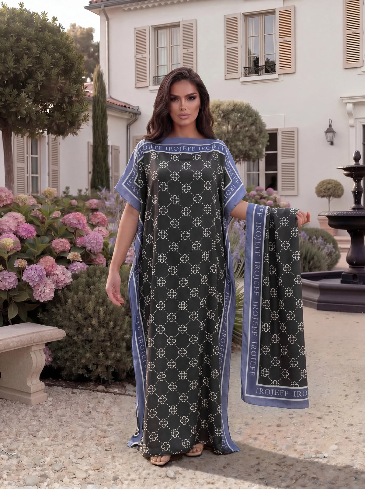 Luxury Geometric Lattice Print Satin Abaya Scarf Set, Loose Batwing Maxi Kaftan Dress for Muslim Women Summer Daily Holiday Wear