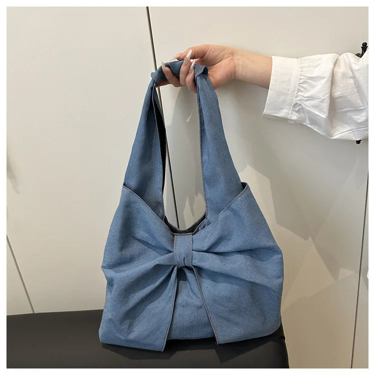 Sweet Bowknot Design Women's Denim Shoulder Bags Commuter Thread Ladies Handbags Casual Lightweight Female Underarm Tote Bag