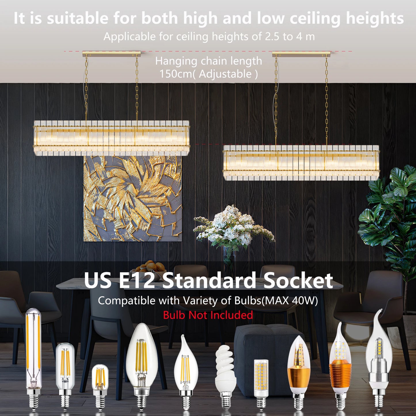 Modern Rectangular Crystal Glass Chandelier, 10-Lights Glod Chandelier Lighting Contemporary Pendant Ceiling Light Fixture