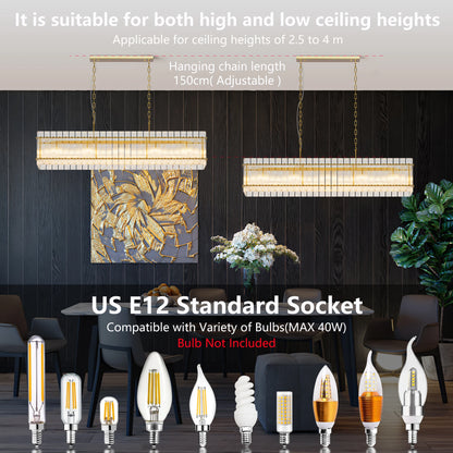 Modern Rectangular Crystal Glass Chandelier, 10-Lights Glod Chandelier Lighting Contemporary Pendant Ceiling Light Fixture