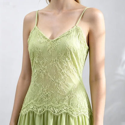 Women's Lace Spliced Dress Sage Green Floral Embroidery Spaghetti Strap Flowy Long Dress Elegant Bohemian Summer Party Dress
