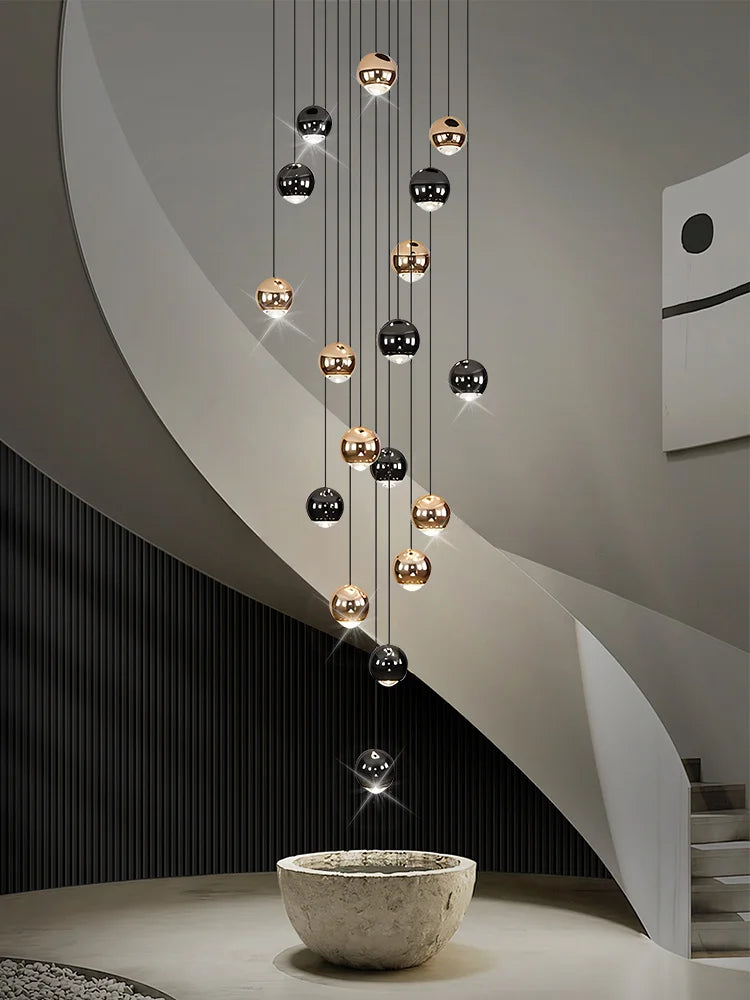 Nordic Circular Chandelier Indoor Lighting Modern Chandelier Gold And Black Mixed High Loft Chandelier LED Staircase Chandelier
