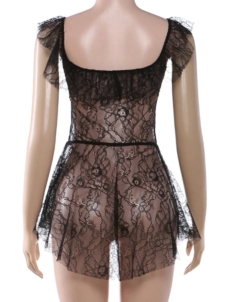 Kliou Sexy See Through Short Dress Woman Ruffles Decoration Low-Neck Backless Sleeveless Vacation Beach Party Style Mini Bodycon