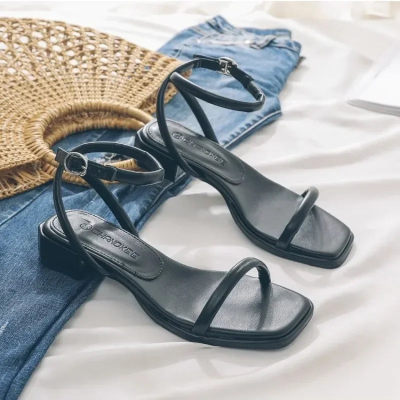 Fashion Womens Shoes 2024 Female Sandal Buckle Mid-Calf Strap Med Block Heels Luxury Peep Girls Beige Medium Chunky Sandals