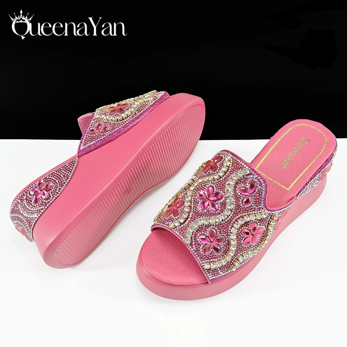 Queena Yan Popularity Open Toe Luxury Fashion Women High Heels Shoes and Bags Set With Rhinestone for Wedding Party Elegant