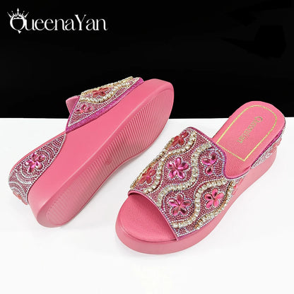 Queena Yan Popularity Open Toe Luxury Fashion Women High Heels Shoes and Bags Set With Rhinestone for Wedding Party Elegant