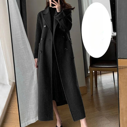 Winter Trench Coat For Women 2026 New Fashion Korean Casual Wool Coat Navy Blue Lace-up Long Jacket Black Woman Coat With Blet