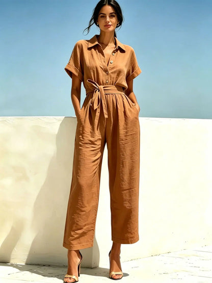 2026 Women's Shirts And Jumpsuits Fashion V-neck Lace Up Wide Legs Summer Casual Resort Female Short Sleeve Rompers Shirts Pants
