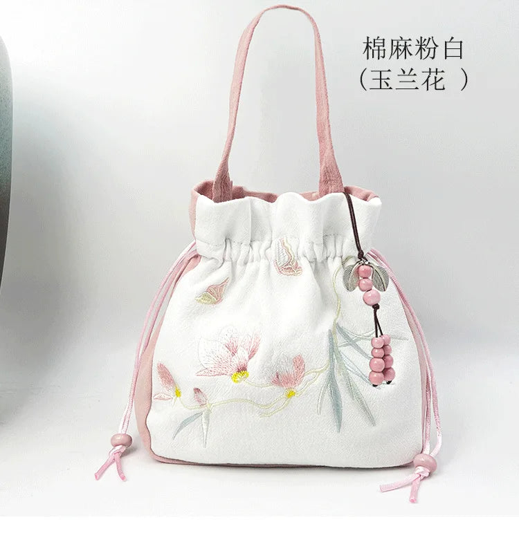 Chinese Style Retro Flower Embroidery Crossbody Top-handle Bags Women Shoulder Lace Drawstring Bucket Bag Coin Purses Handbags