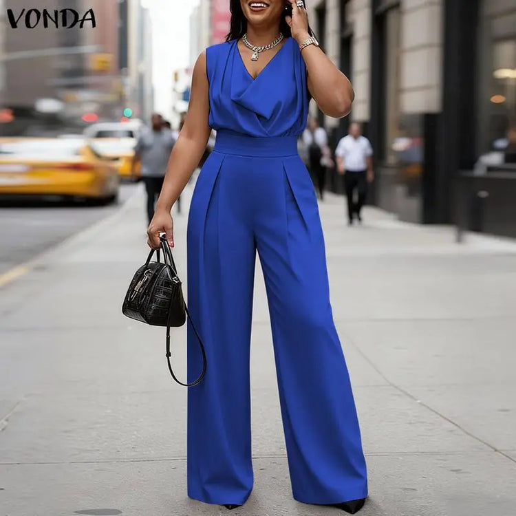 VONDA Summer Women Jumpsuits Sleeveless Fashion Wide Leg  Jumpsuits Rompers Playsuit Elegant OL Work Overalls Solid Trousers