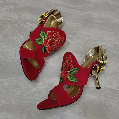 Luxury Flower Sandals Woman Open Toe Gold Strange High Heel Shoes Lady Sexy Mules Slippers