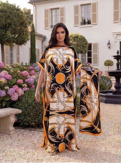Vintage Almond Blossom Print Satin Abaya Scarf Set, Loose Batwing Long Kaftan Modest Muslim Women Summer Holiday Maxi Dress