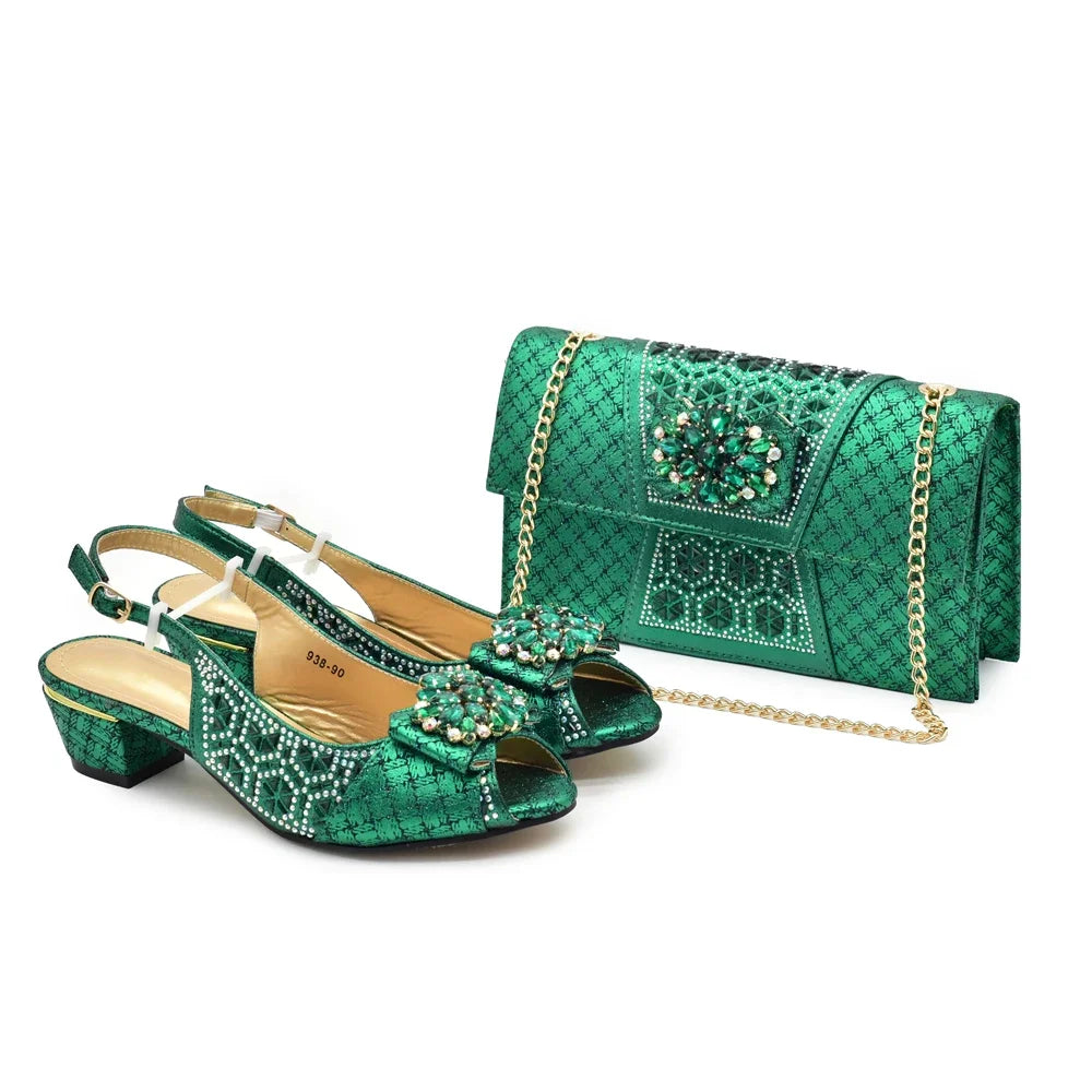 Matching Nigerian Party Shoes and Bags for Ladies Elegant Heeled Shoes for Women Rhinestone Design Italian Shoe and Bag Set