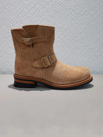 Men New Handmade Comfortable Buckle Ankle Boots High Top Mid Heel Sneakers Classic Cow Suede Leather Work Shoes Motorcycle Boots