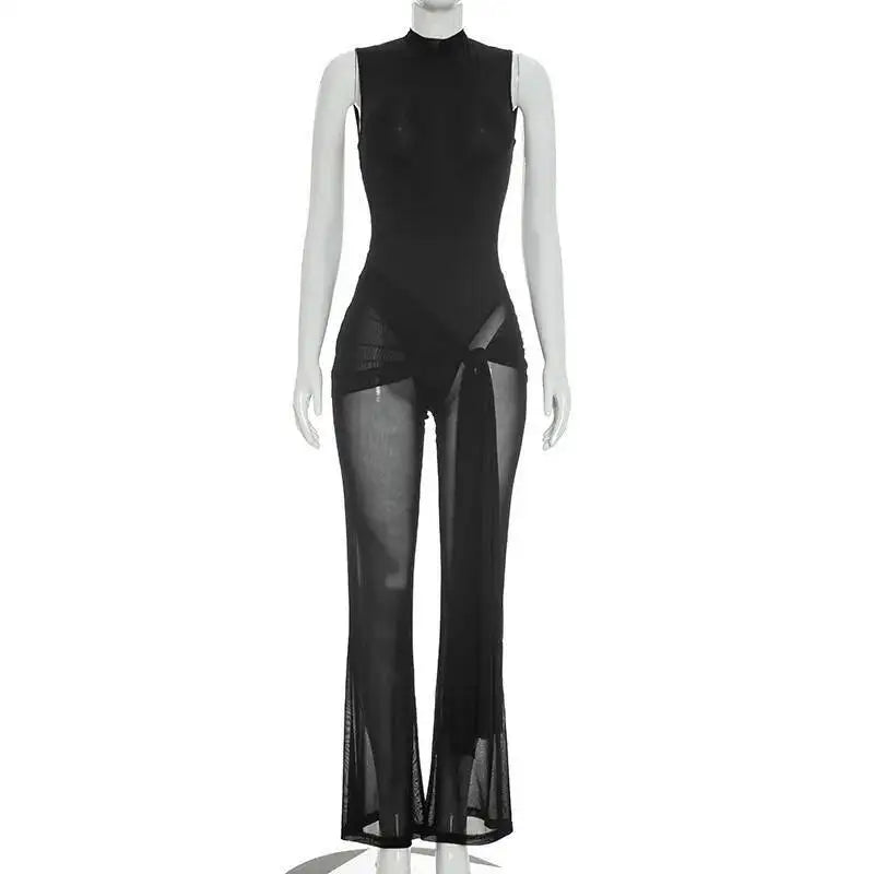 Sibybo Sleeveless Sheer Mesh Patchwork Women Jumpsuit Black Backless Ribbons High Stretch Bodycon Rompers Female Party Clubwear
