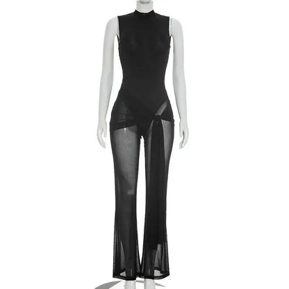 Sibybo Sleeveless Sheer Mesh Patchwork Women Jumpsuit Black Backless Ribbons High Stretch Bodycon Rompers Female Party Clubwear