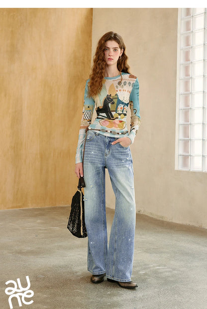 TOYOUTH Women's Sheer Second Skin Base Layer Top 2026 Fall Slim Fit Mongolian Print Nomadic Style