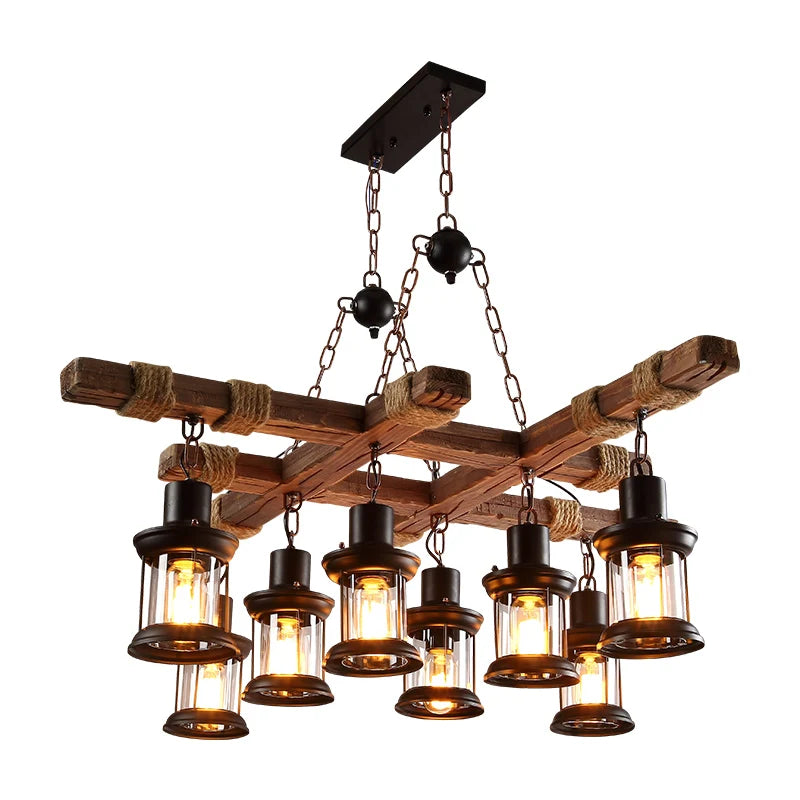 8 Lights Retro Wood Pendant Lights 8 Head Vintage Industrial Loft Glass Iron LED Chandelier Suspension Lamp Wooden Droplight