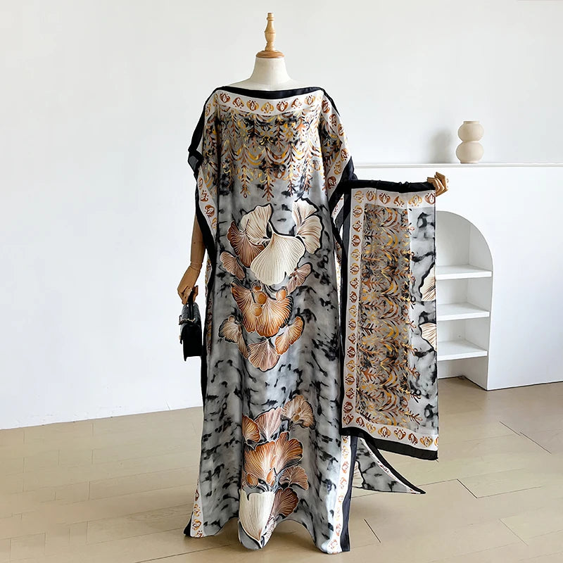 Fashion Summer Kaftan Dress for Women with Big Scarf Loose Abaya Muslim Casual Print Shawl Robe African Style Dubai Turkey