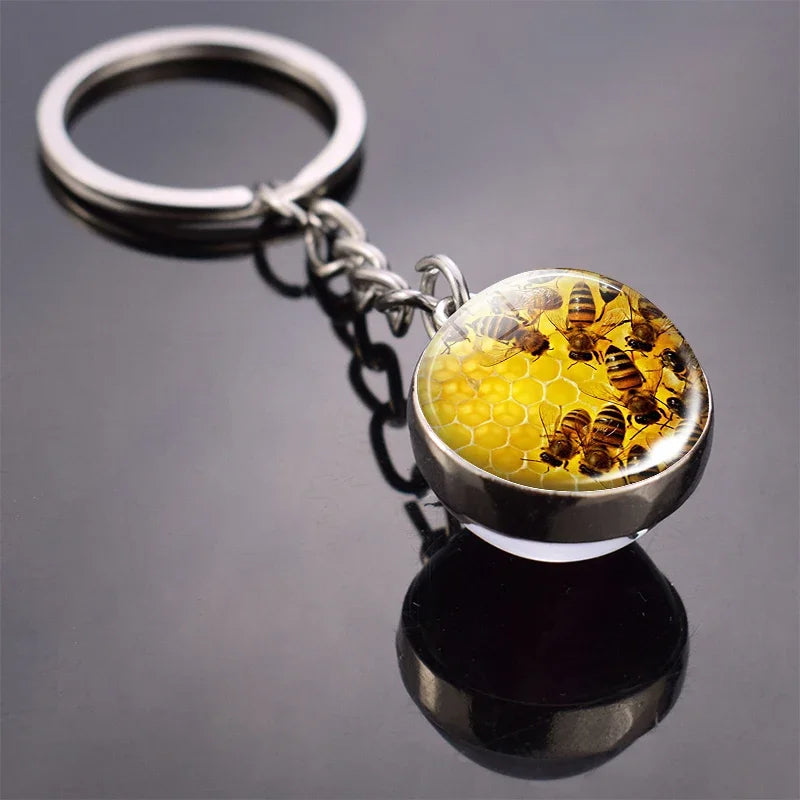 Animals Cute Keychain Cat Dog Bear Peacock Rabbit Squirrel Phoenix Double Side Glass Ball Pendant Keyring Jewelry Key Chain Gift